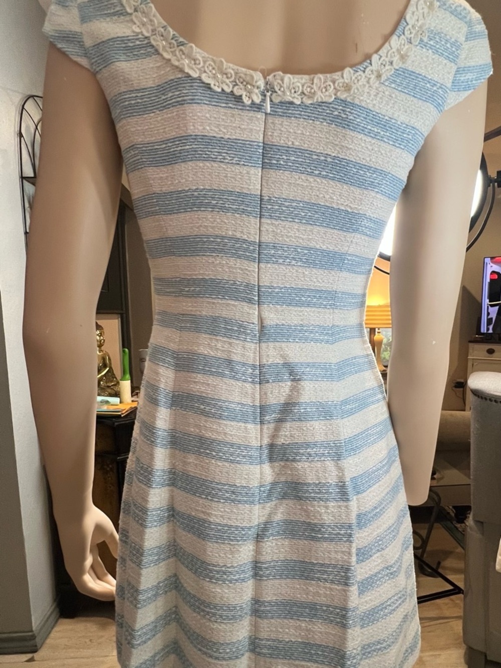 Lilly Pulitzer Light Blue and White Striped Cap-Sleeve Tweed Dress - Picture 8 of 12